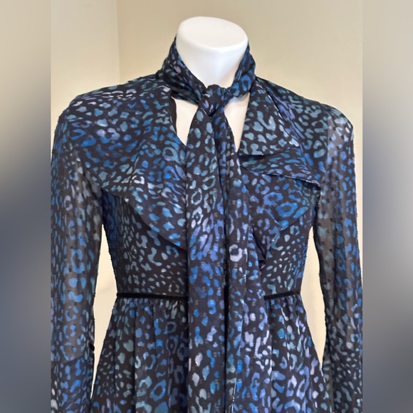 Laundry By Shelli Segal  Blue Cheetah Chiffon Sheer Mini Dress Tie On Neck - Picture 4 of 15